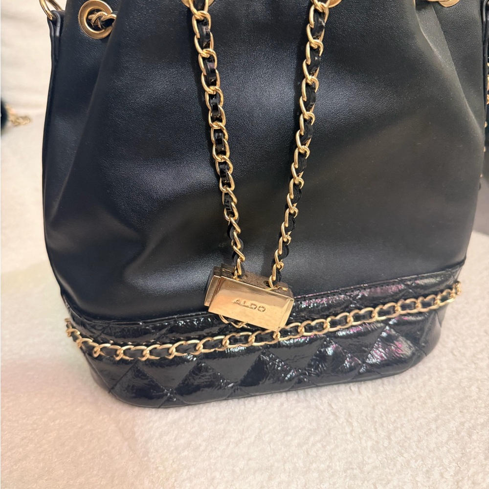 Aldo Black Bucket Bag with Gold Chain